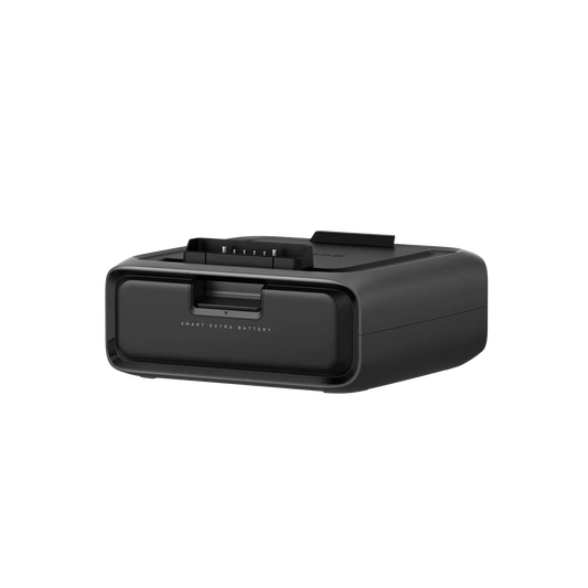 Angled rear-left view of the EcoFlow River 3 Plus 300EB Smart Extra Battery highlighting rear vents and structural contours.