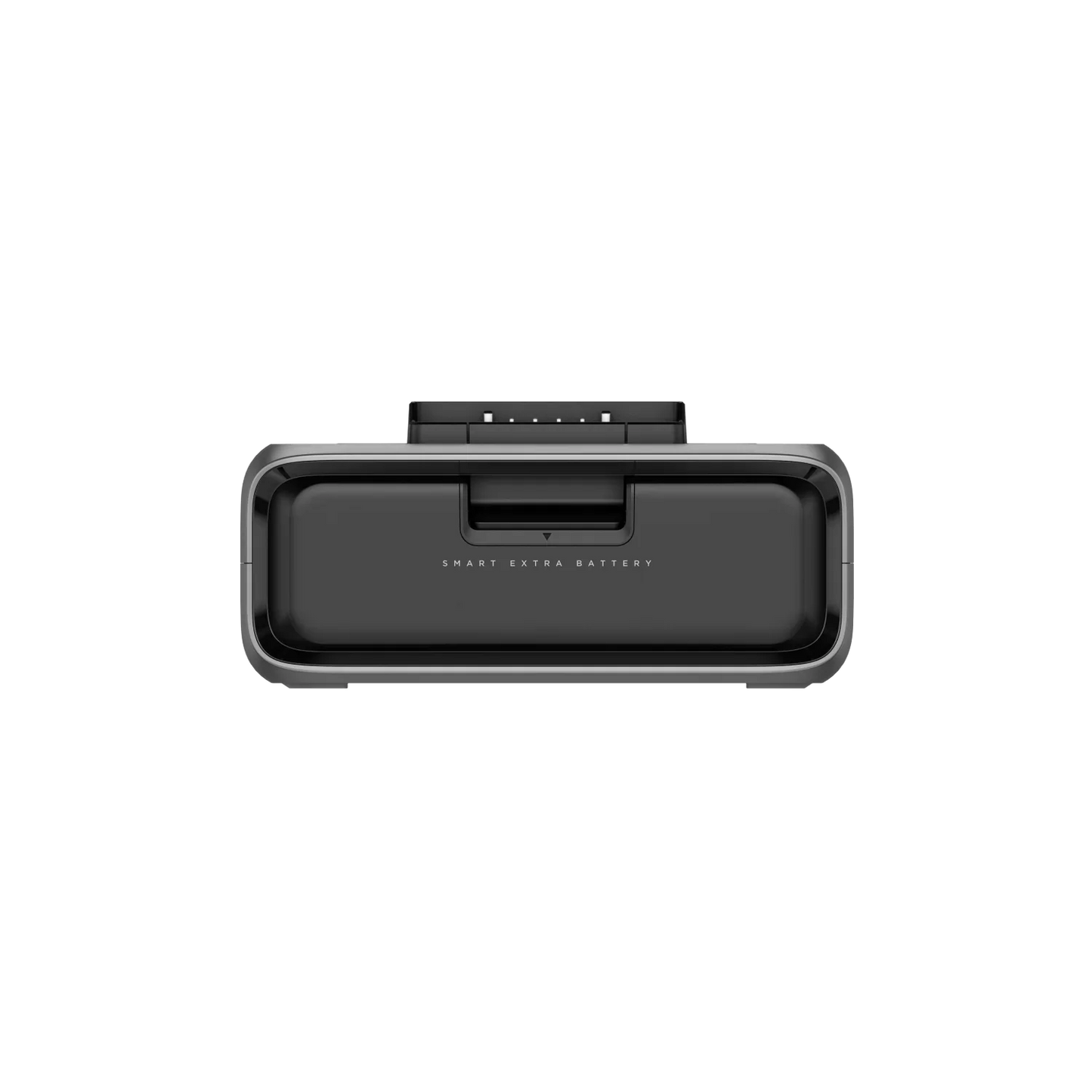 Straight rear view of the EcoFlow River 3 Plus 300EB Smart Extra Battery featuring exposed pogo pin connector interface.