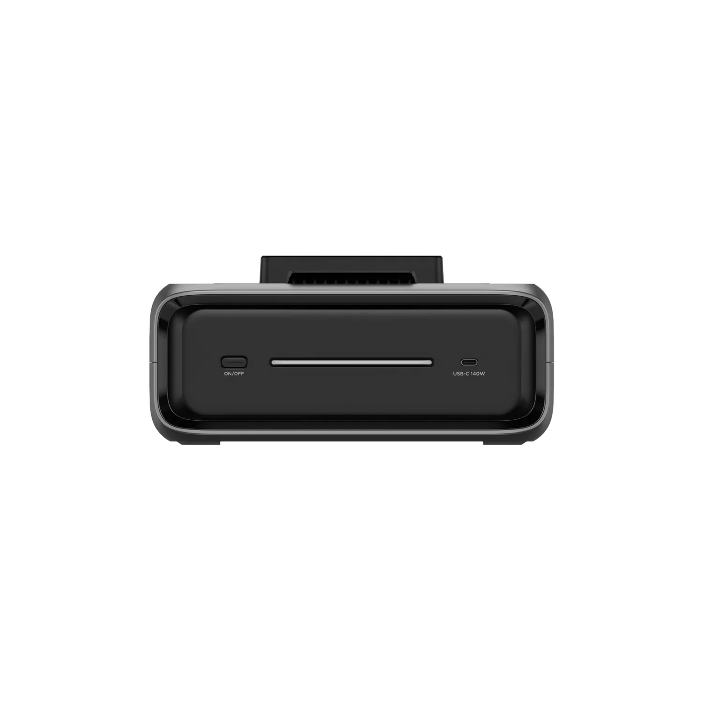 Straight-on USB-C side view of the EcoFlow River 3 Plus 300EB Smart Extra Battery with 140W USB-C port and on/off button.