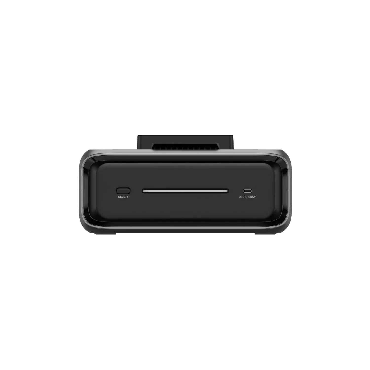 Straight-on USB-C side view of the EcoFlow River 3 Plus 300EB Smart Extra Battery with 140W USB-C port and on/off button.