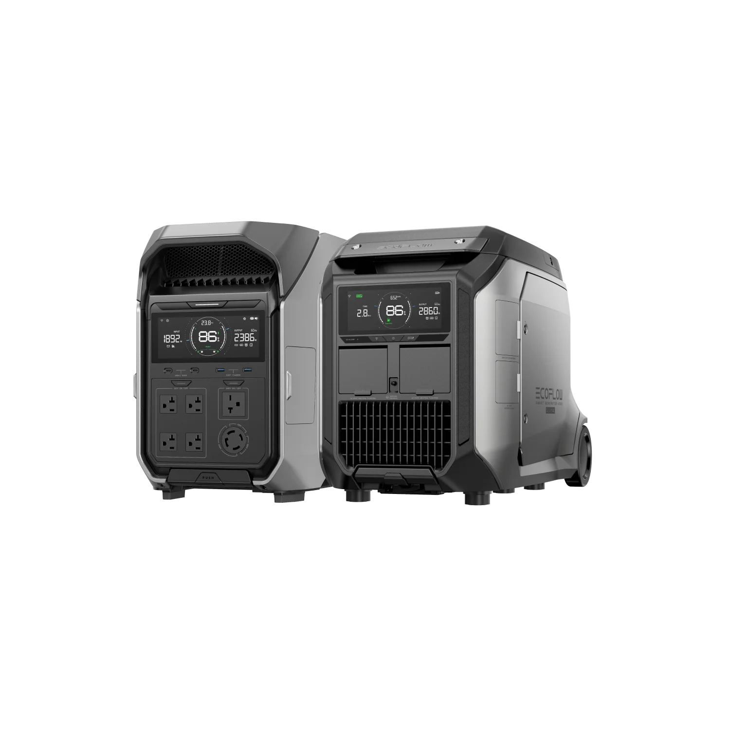 EcoFlow Smart Generator 4000 angled hero view showing dual-unit setup and control interface.