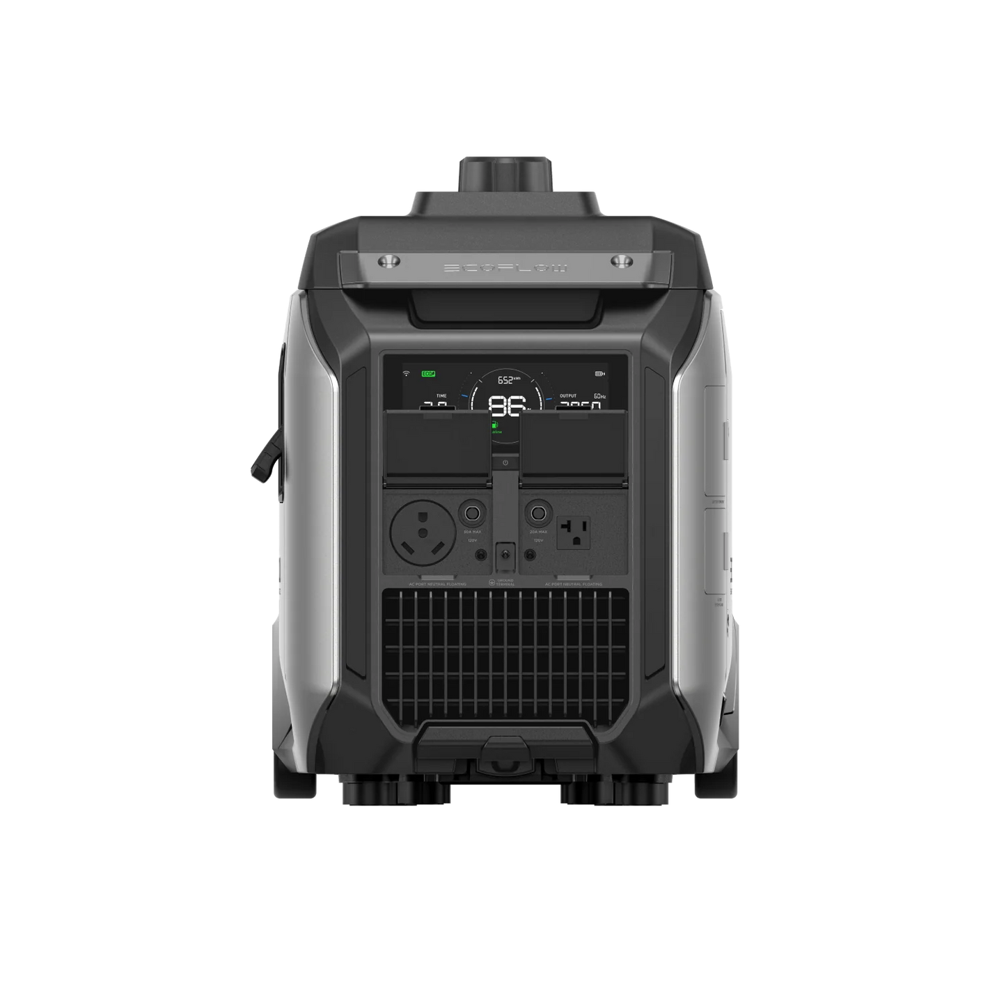 EcoFlow Smart Generator 4000 front view showing output ports, vents, and digital control display.