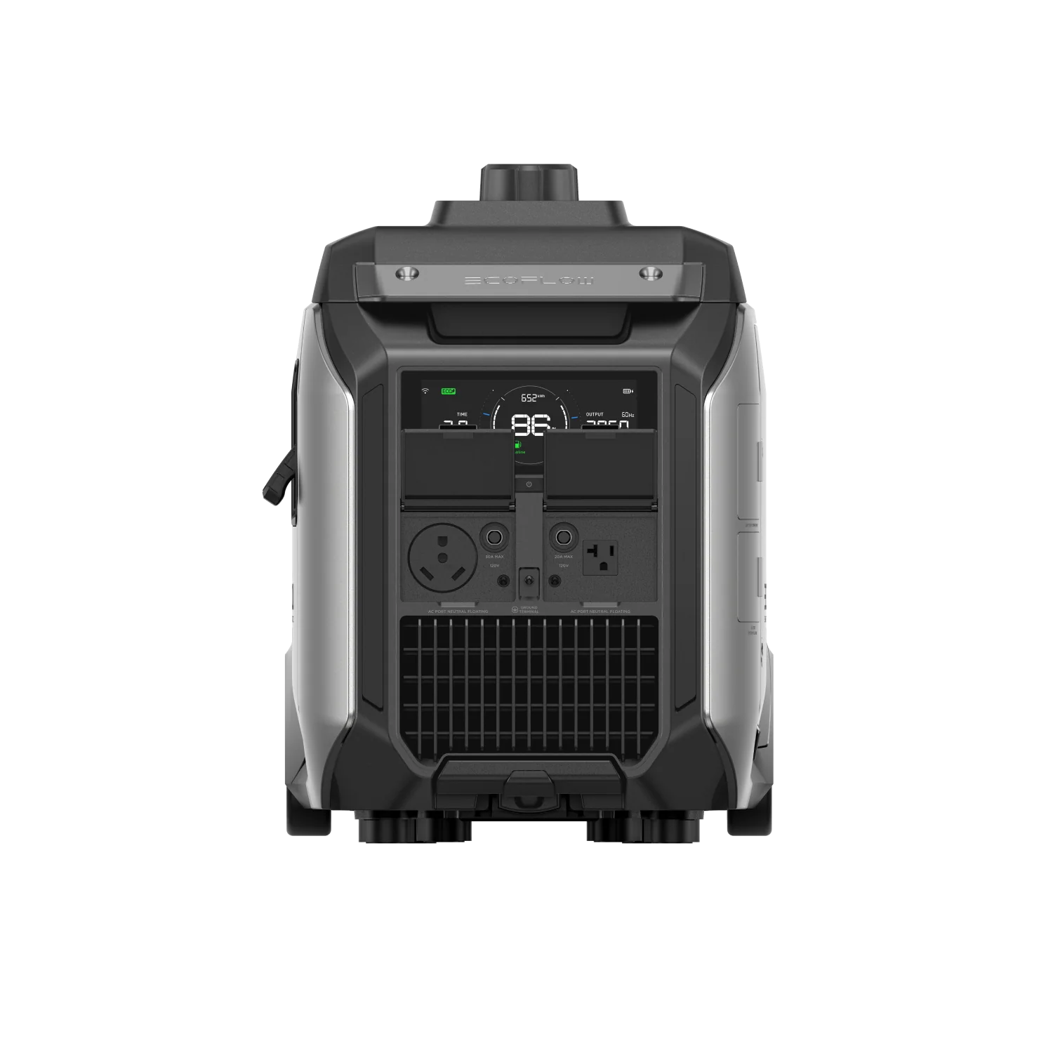 EcoFlow Smart Generator 4000 front view showing output ports, vents, and digital control display.