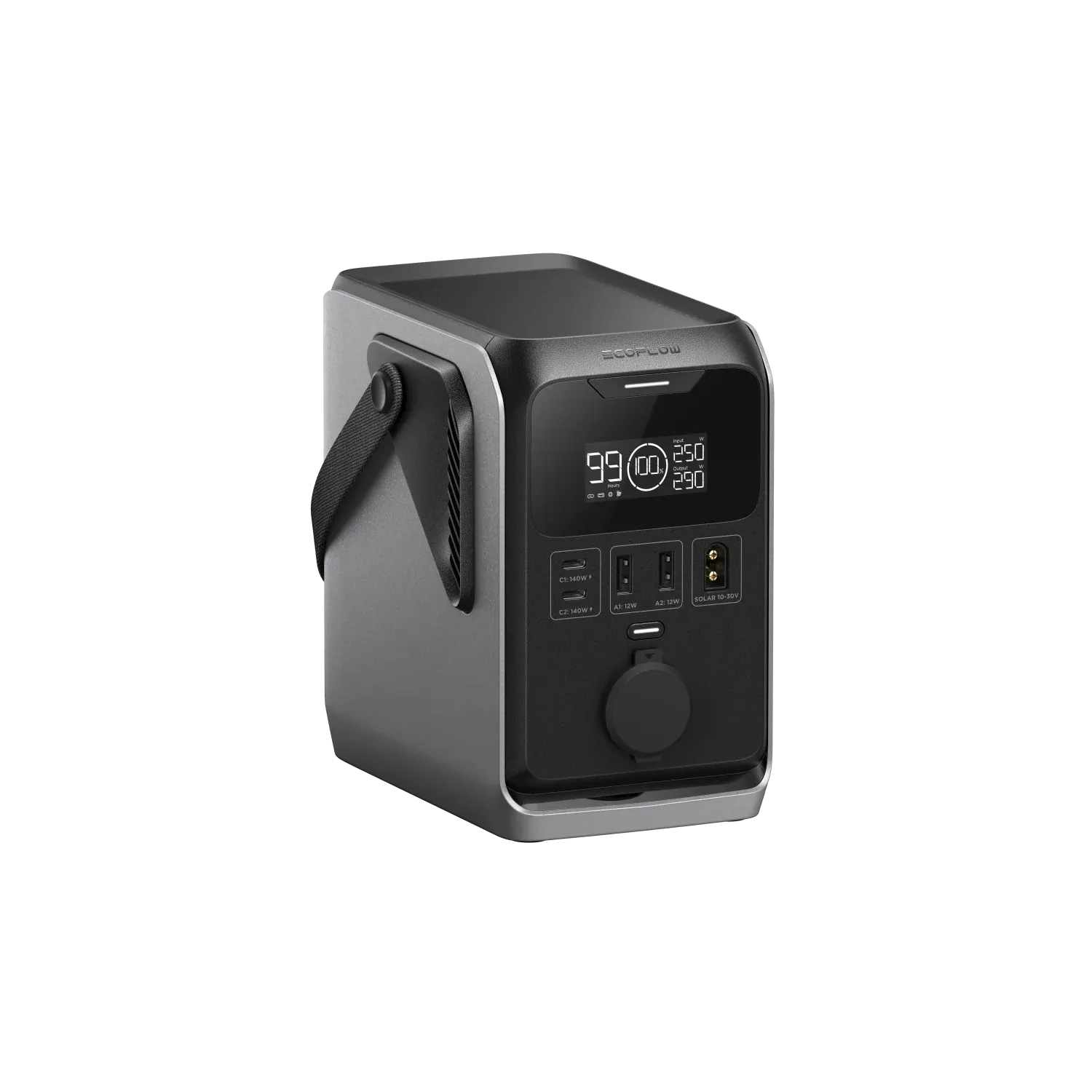 EcoFlow Trail 300 DC angled front-left view showing ports and display