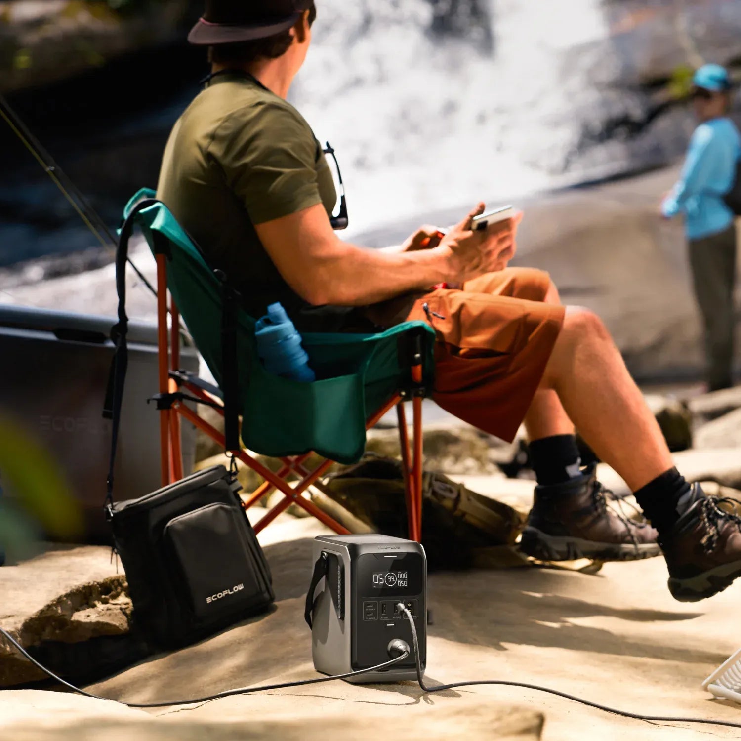 EcoFlow Trail 300 DC shown at a waterfall campsite powering outdoor gear