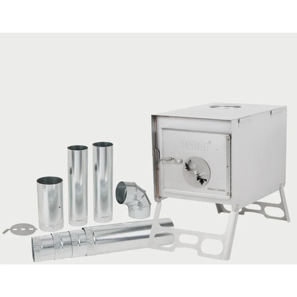 Esker Baffin wood stove with included galvanized straight and elbow pipe set on a white background  - a Canadian-made winter hot tent stove