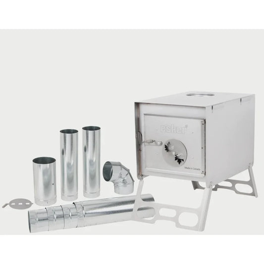 Esker Baffin wood stove with included galvanized straight and elbow pipe set on a white background  - a Canadian-made winter hot tent stove