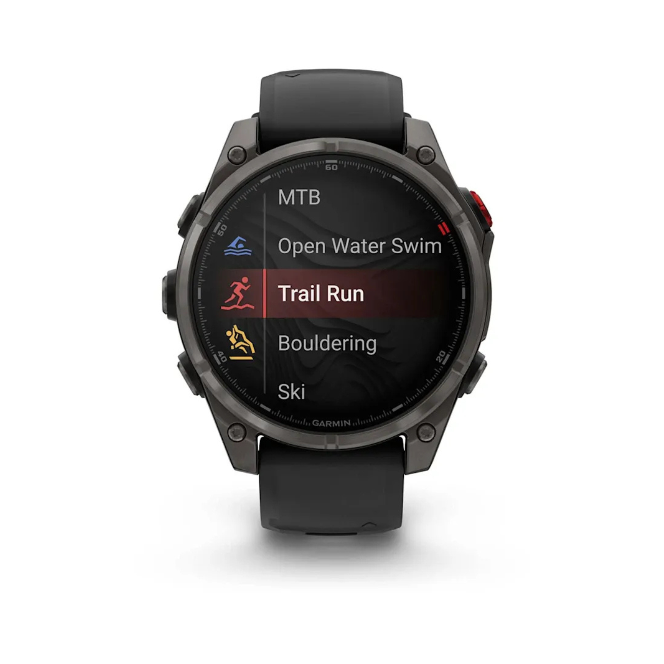 Garmin fēnix 8 Pro showing multisport activity modes including trail run, MTB, swimming, and ski