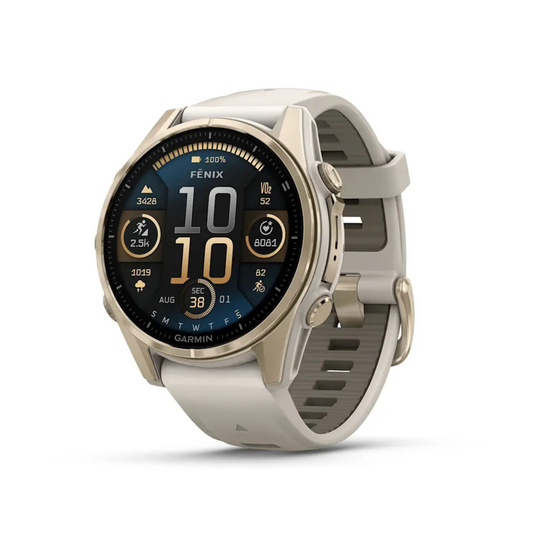 Garmin fēnix 8 43mm AMOLED GPS smartwatch showing fitness metrics and performance dashboard
