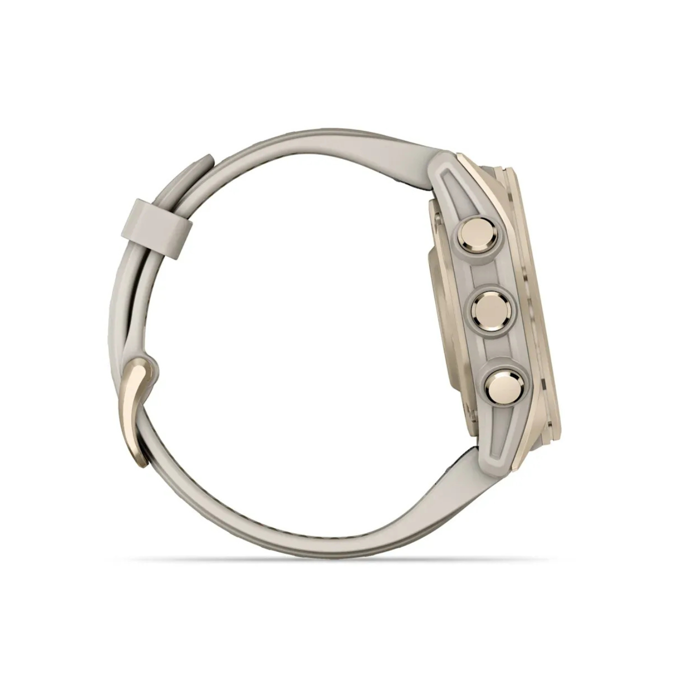 Side profile of Garmin fēnix 8 showing stainless steel buttons and durable case design