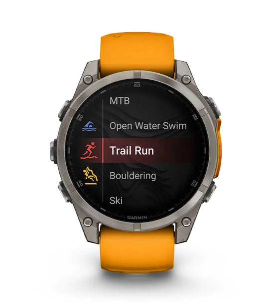 Garmin Fenix 8 smartwatch showing activity selection menu with trail run mode