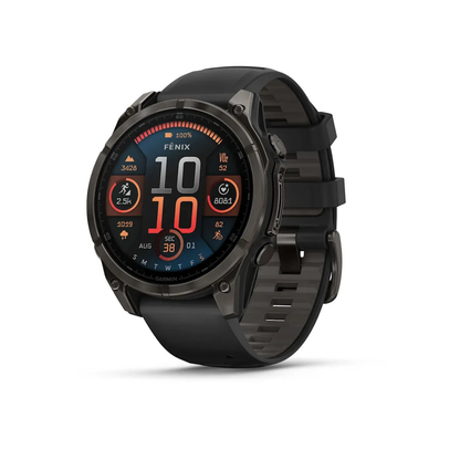 Garmin fēnix 8 47mm AMOLED GPS watch carbon gray DLC titanium with black pebble gray band angled view fitness dashboard display
