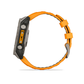 Garmin fēnix 8 47mm AMOLED GPS watch side profile showing titanium case buttons and orange band