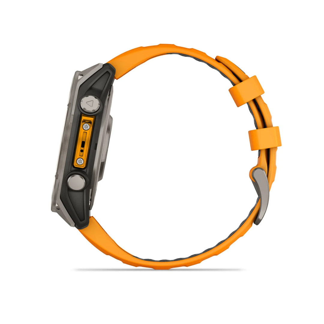 Garmin fēnix 8 47mm AMOLED GPS watch side profile showing titanium case buttons and orange band