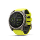 Garmin fēnix 8 47mm Solar GPS watch in titanium with amp yellow and graphite silicone band showing performance metrics display