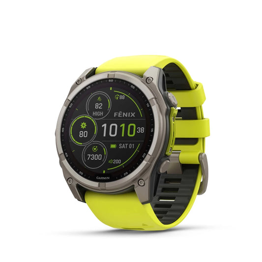 Garmin fēnix 8 47mm Solar GPS watch in titanium with amp yellow and graphite silicone band showing performance metrics display