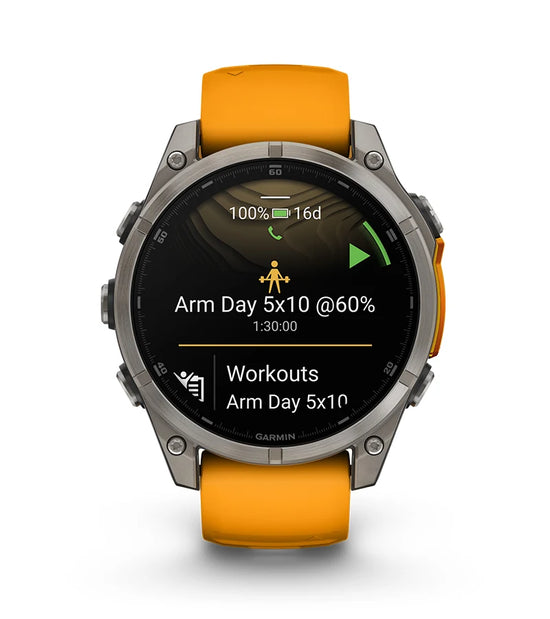 Garmin Fenix 8 smartwatch displaying strength training workout plan and metrics
