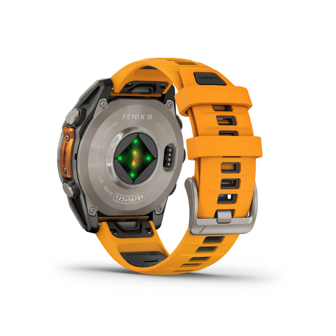 Garmin fēnix 8 47mm titanium back view showing heart rate sensor and quickfit strap design