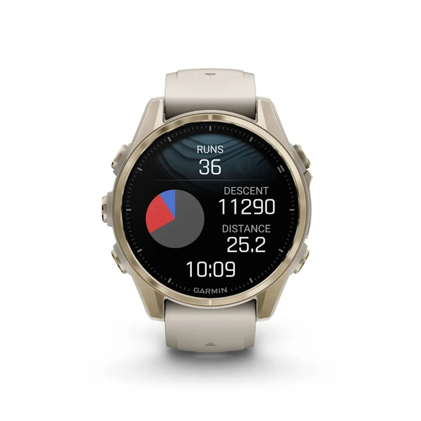 Garmin fēnix 8 showing running stats, distance, elevation, and performance analytics