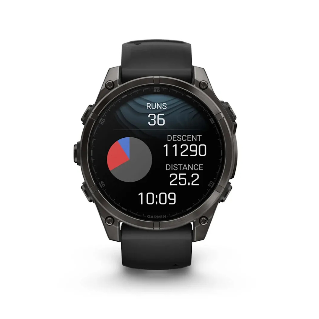 Garmin fēnix 8 AMOLED smartwatch activity summary with runs distance descent and performance analytics