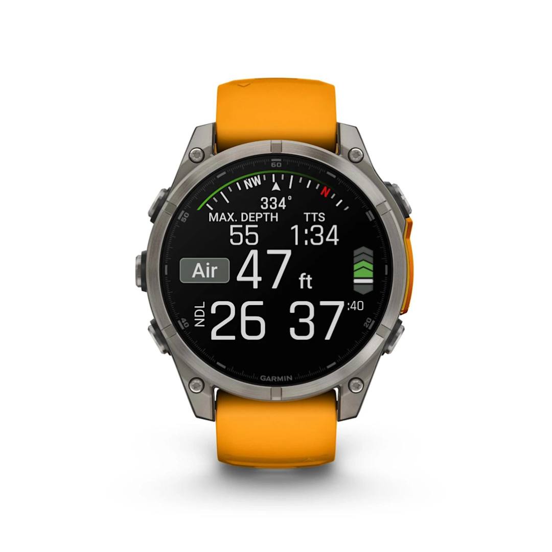 Garmin fēnix 8 47mm AMOLED dive computer screen showing depth time and air metrics underwater