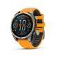 Garmin fēnix 8 AMOLED smartwatch angled view with spark orange silicone band and fitness dashboard display