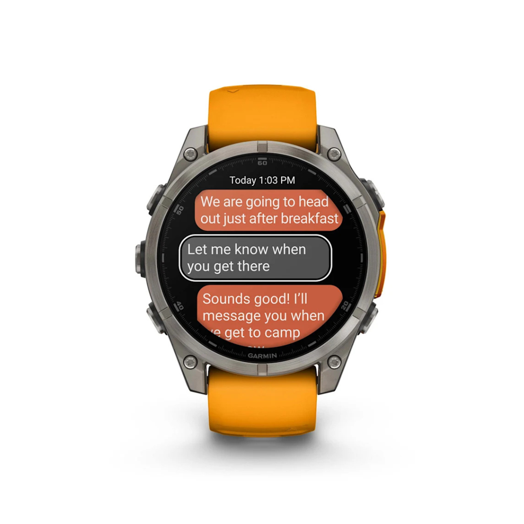 Garmin fēnix 8 smartwatch displaying smart notifications and text messages on AMOLED screen