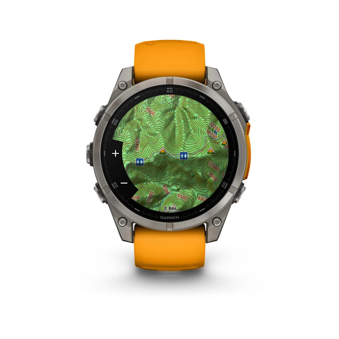 Garmin fēnix 8 47mm AMOLED GPS watch showing topographic map navigation and outdoor tracking