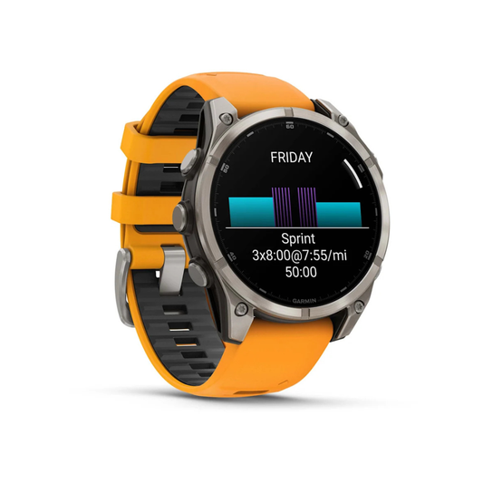 Garmin fēnix 8 47mm AMOLED GPS watch displaying sprint workout training plan and performance metrics