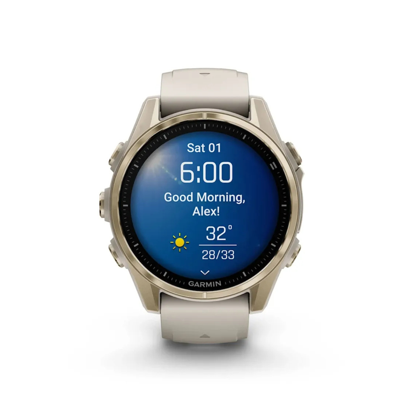 Garmin fēnix 8 43mm smartwatch showing time, greeting, and weather information on AMOLED display