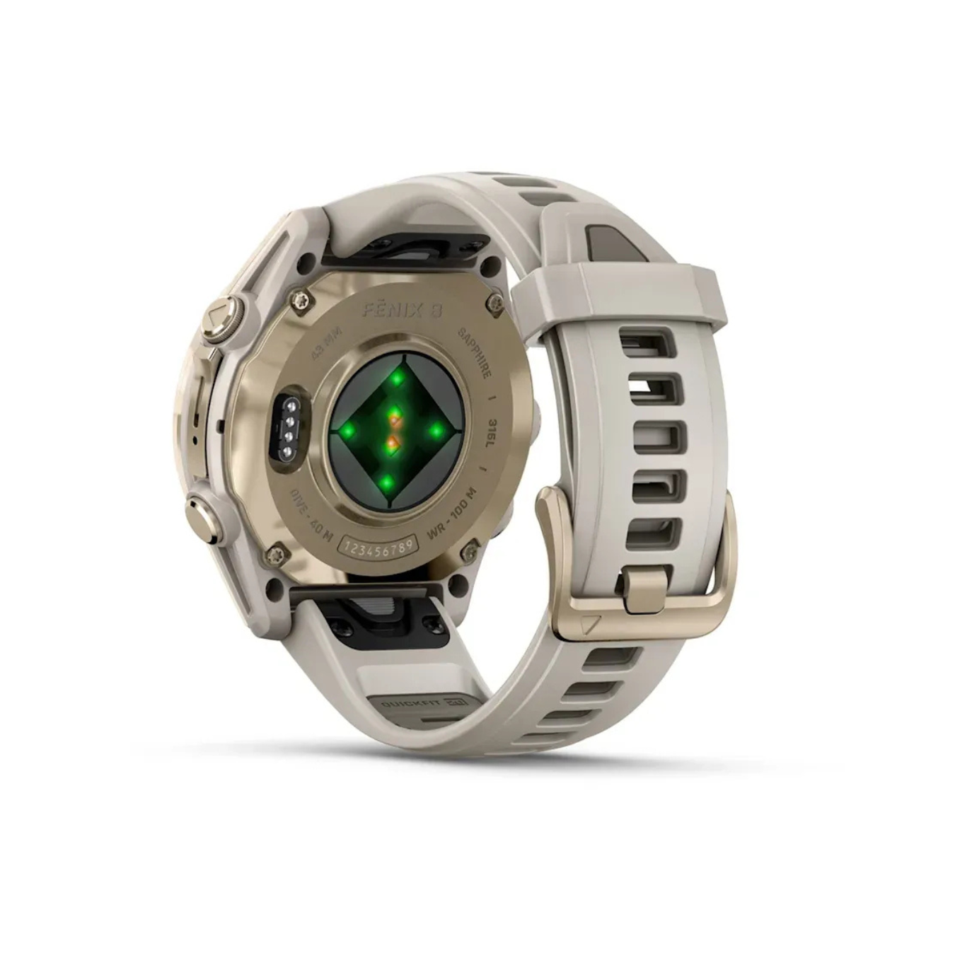 Back of Garmin fēnix 8 smartwatch showing optical heart rate sensor and durable construction