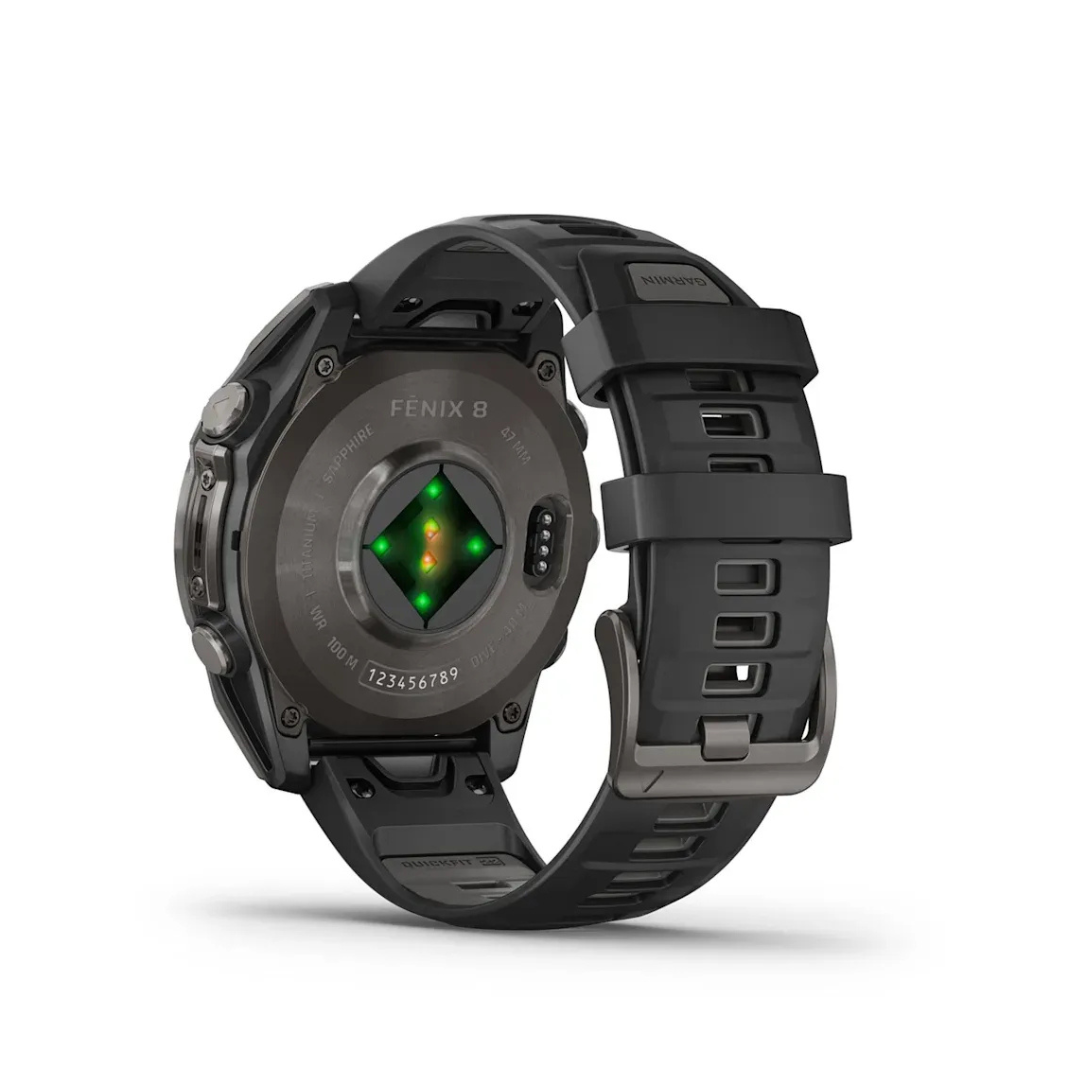 Garmin fēnix 8 47mm carbon gray titanium back view showing heart rate sensor and quickfit silicone band