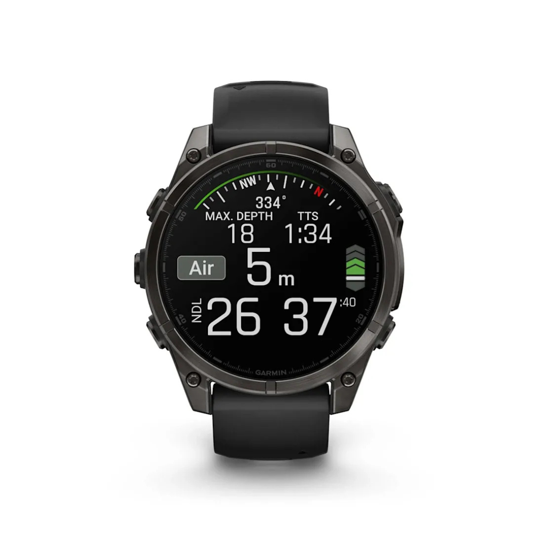Garmin fēnix 8 47mm AMOLED dive computer screen showing depth air and decompression data underwater