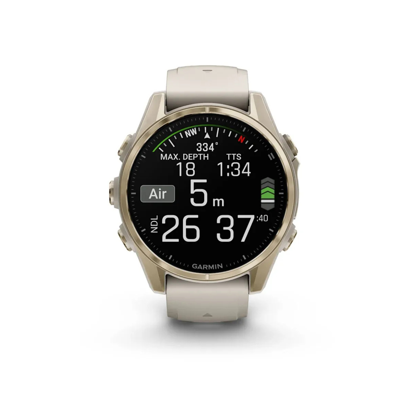 Garmin fēnix 8 smartwatch displaying dive metrics including depth, time, and navigation data