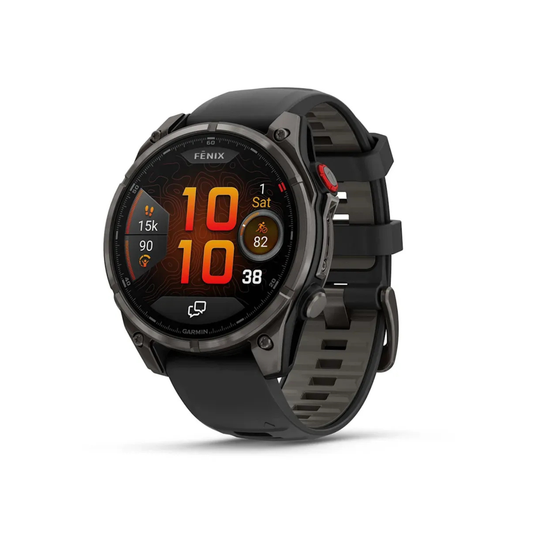 Garmin fēnix 8 Pro 47mm AMOLED GPS watch in carbon gray titanium with black and pebble gray silicone band, front display view