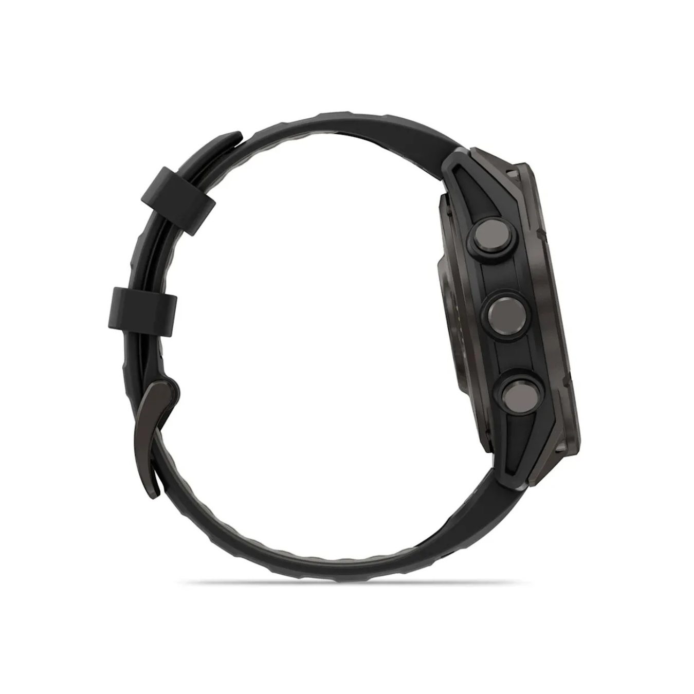 Side profile of Garmin fēnix 8 Pro 47mm with carbon gray titanium case and control buttons