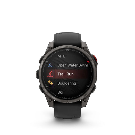 Garmin Fenix 8 Pro activity modes including trail run, swim, and ski