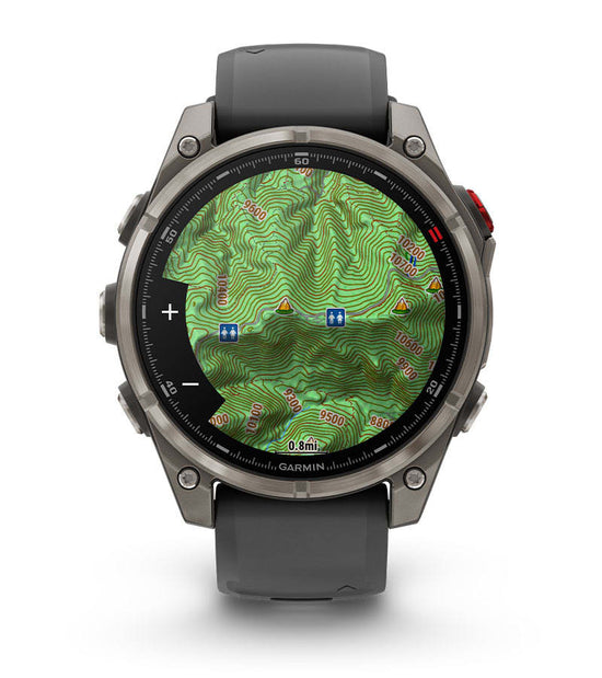Garmin Fenix 8 Pro smartwatch displaying advanced topographic map navigation with terrain detail