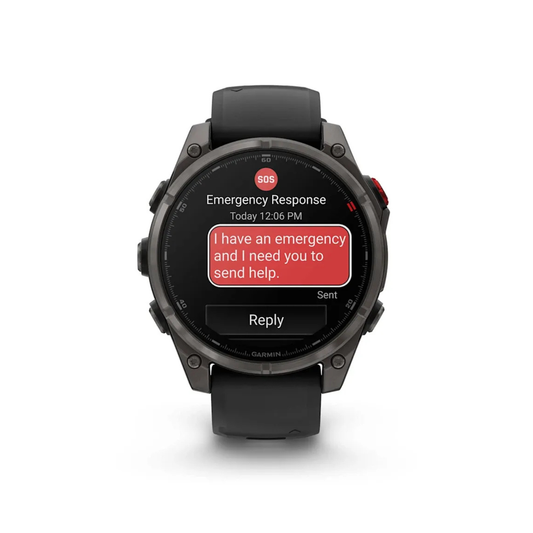 Garmin fēnix 8 Pro smartwatch showing emergency SOS alert feature on AMOLED display