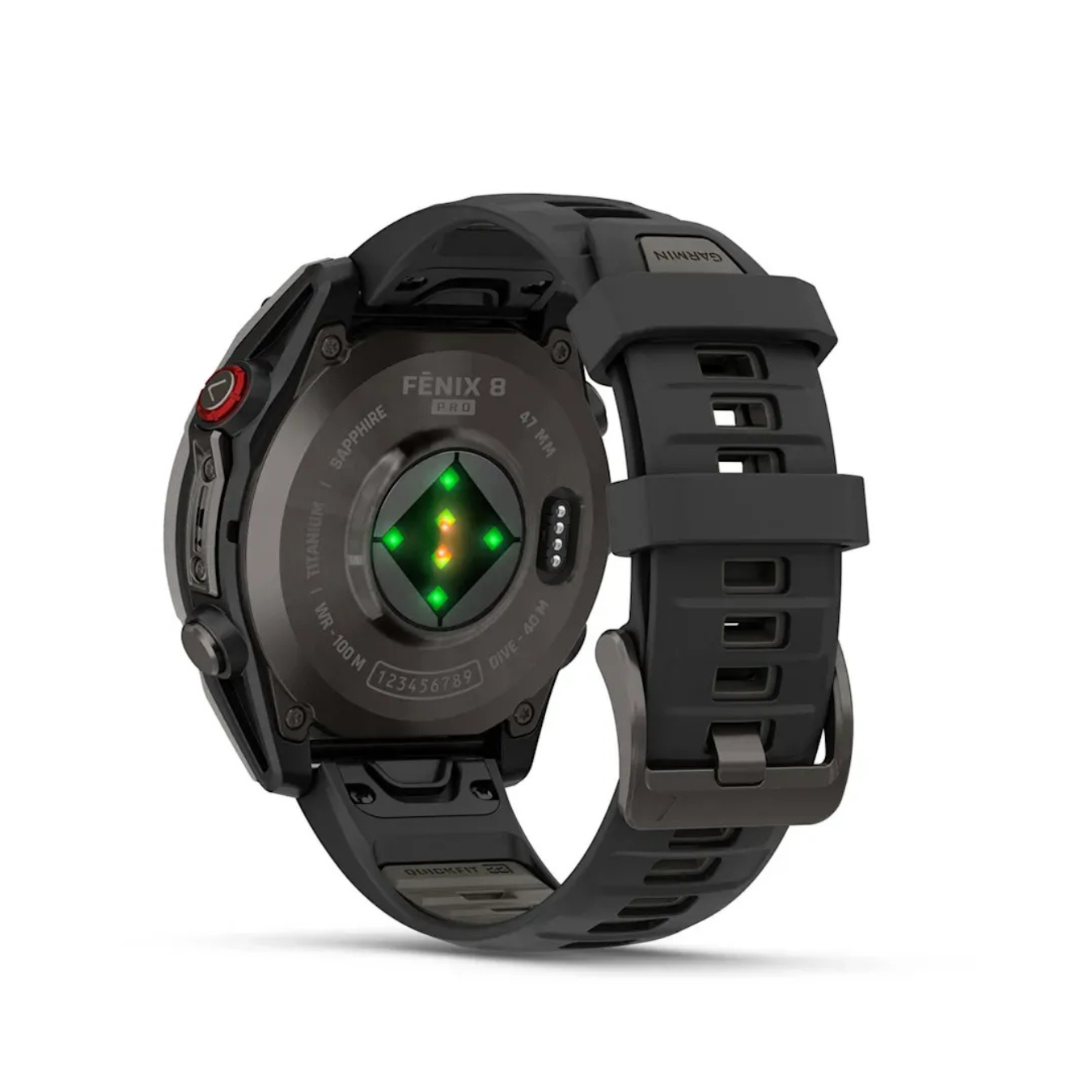 Back view of Garmin fēnix 8 Pro showing optical heart rate sensors and silicone band