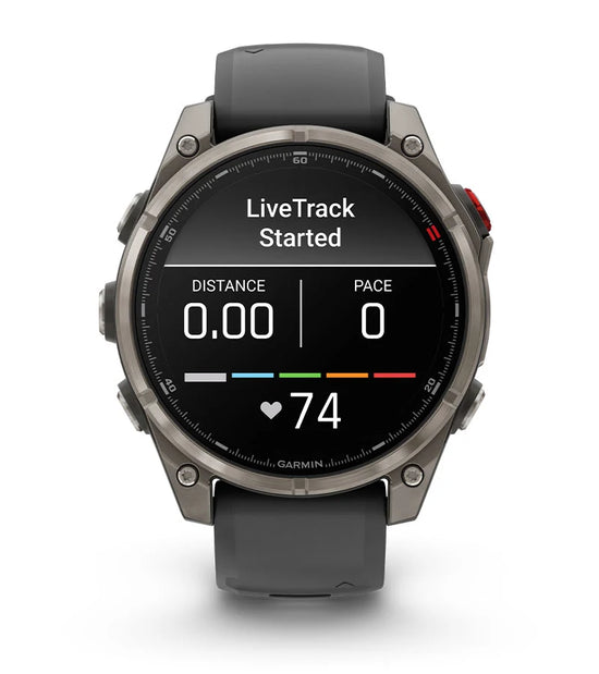 Garmin Fenix 8 Pro smartwatch displaying LiveTrack activity tracking with heart rate and pace