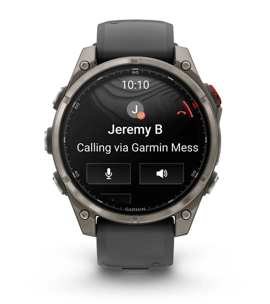 Garmin Fenix 8 Pro smartwatch showing incoming call with LTE connectivity and speaker