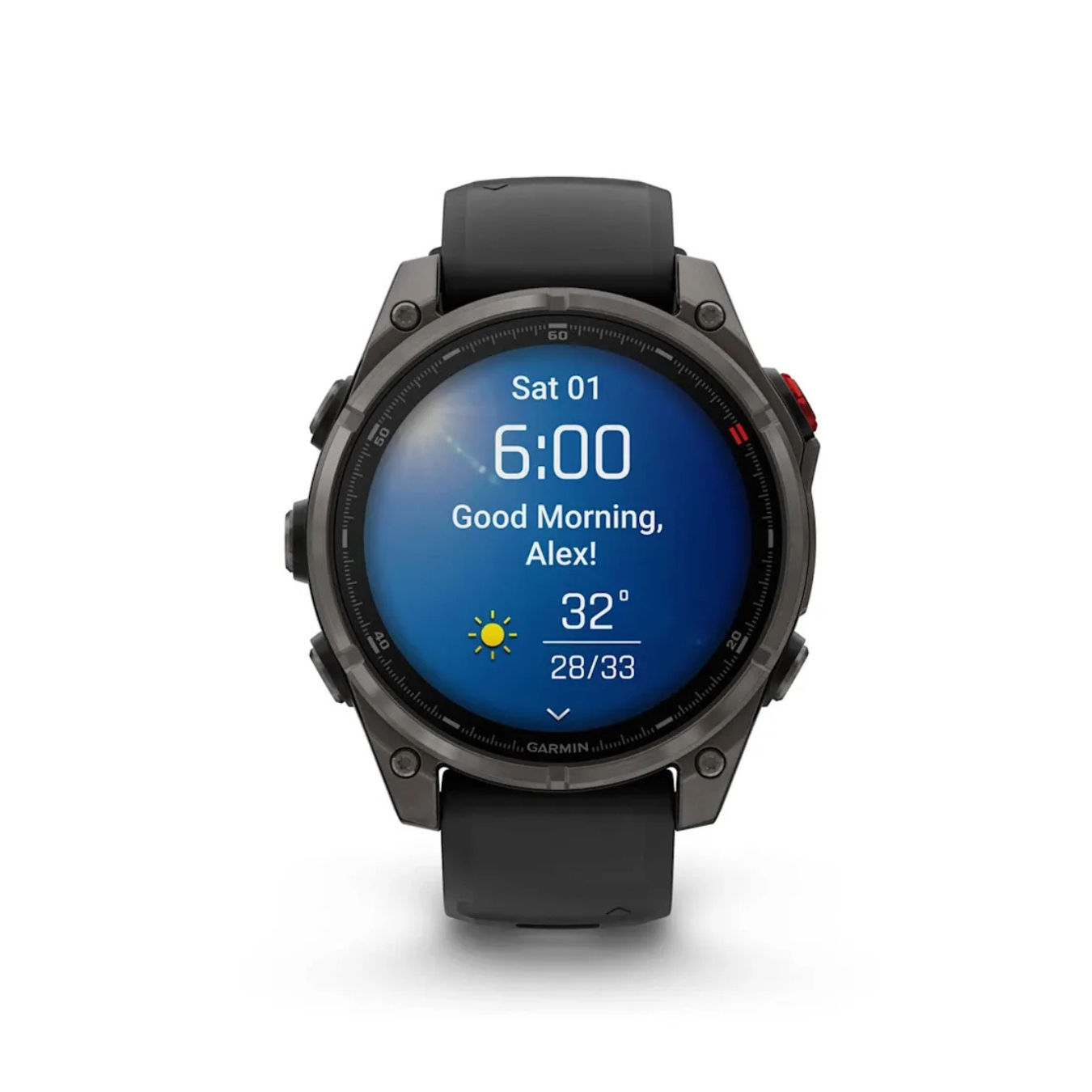 Garmin fēnix 8 Pro showing morning report with time and weather forecast on AMOLED screen