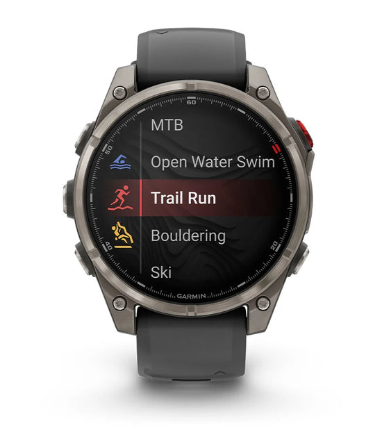 Garmin Fenix 8 Pro smartwatch showing rugged design with multiple outdoor activity modes