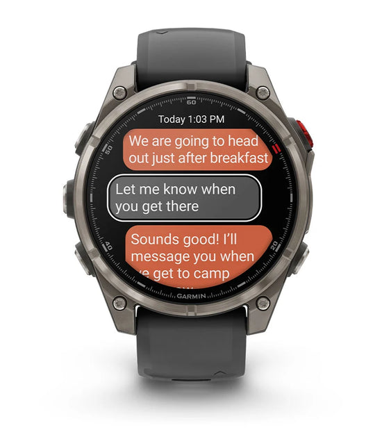 Garmin Fenix 8 Pro smartwatch showing satellite messaging conversation for outdoor communication
