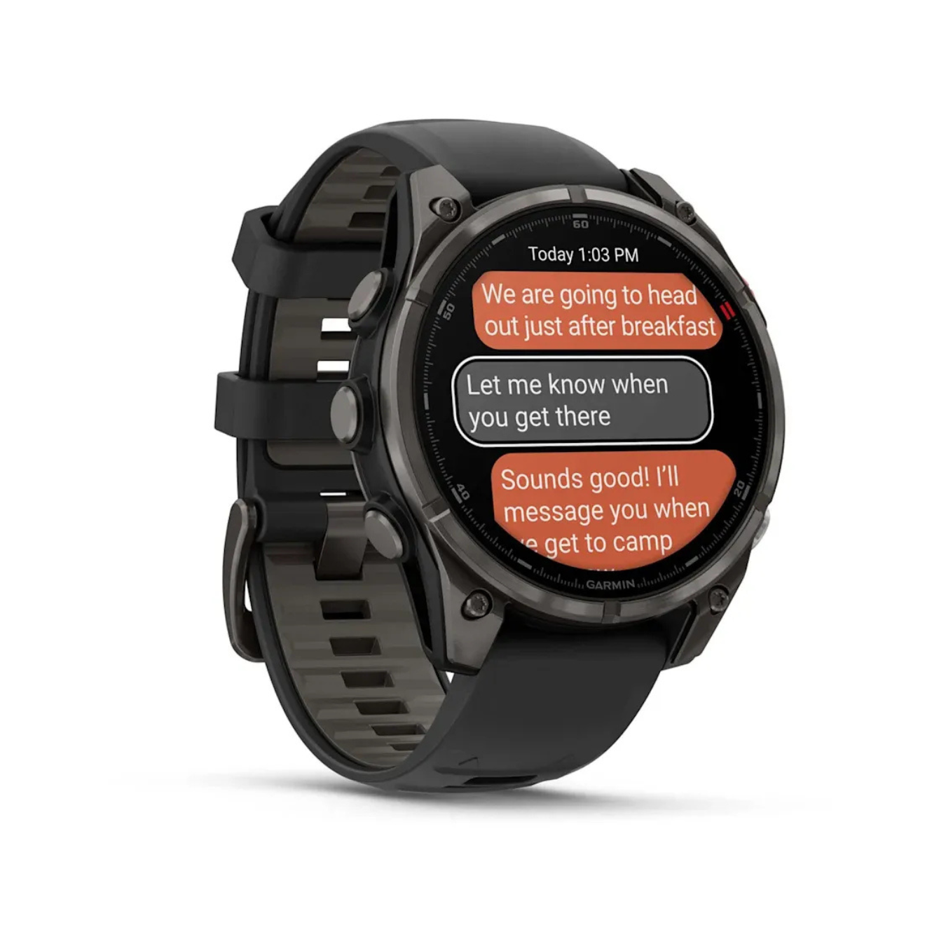 Garmin fēnix 8 Pro GPS watch displaying text messages and smart notifications on screen