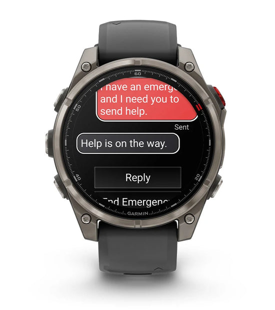 Garmin Fenix 8 Pro smartwatch displaying SOS emergency message and response assistance