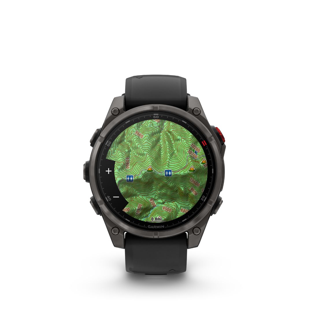 Garmin Fenix 8 Pro displaying topographic map navigation with trail details
