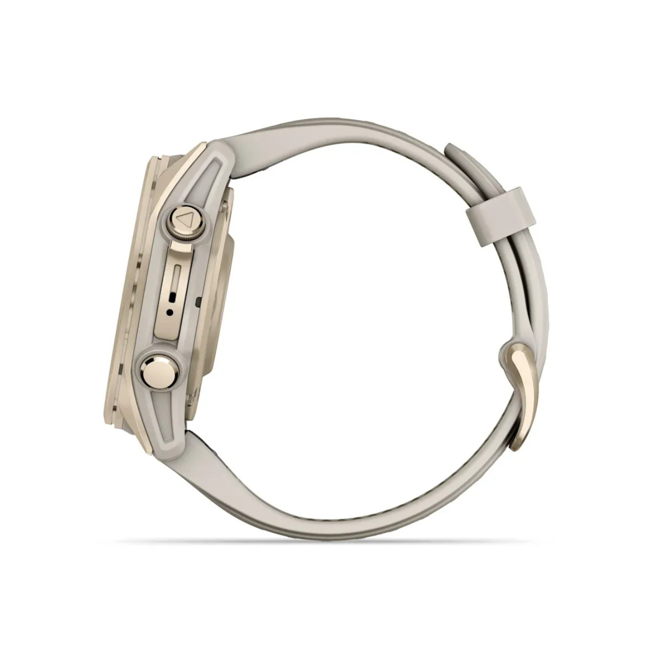 Alternate side view of Garmin fēnix 8 showing premium build, buttons, and strap design