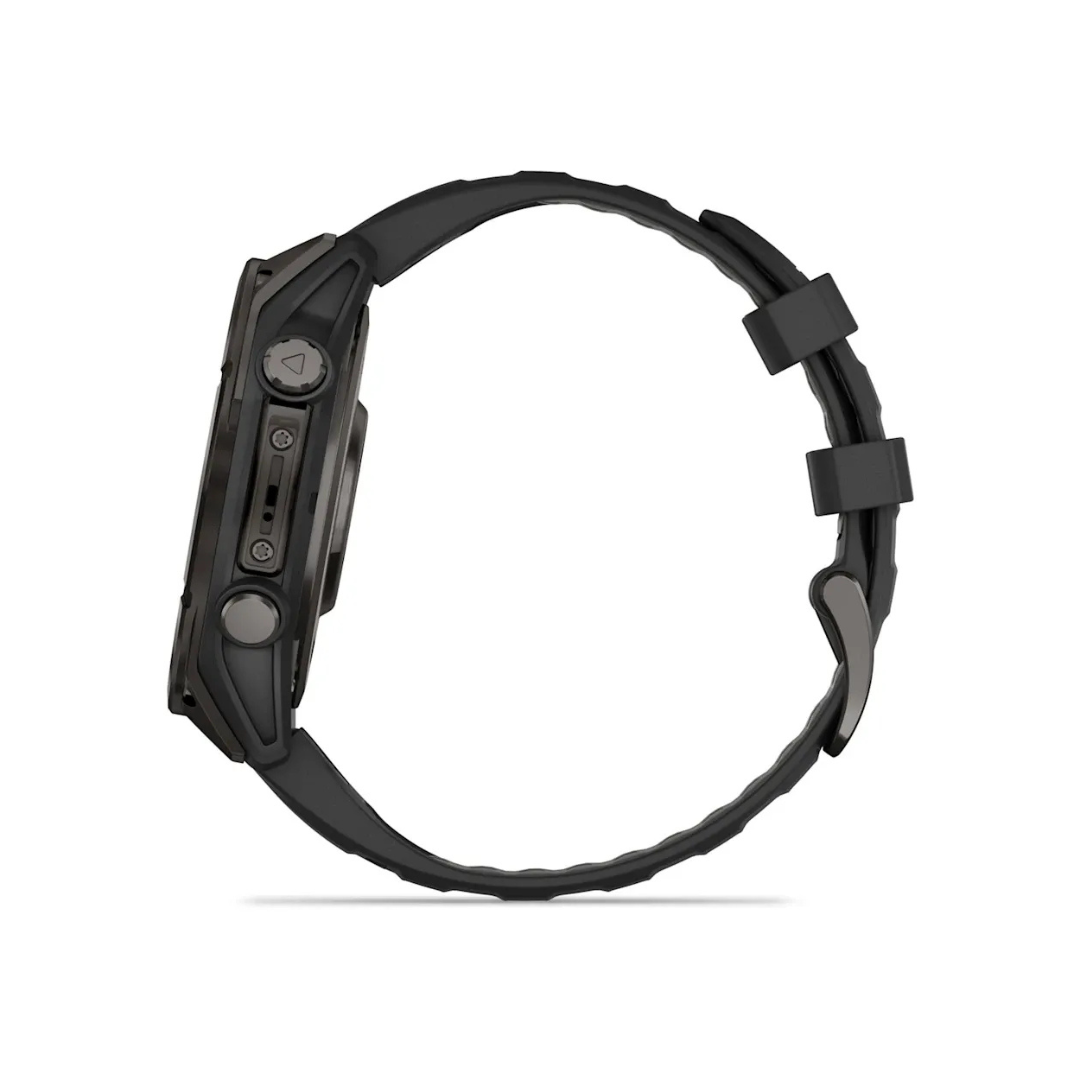 Garmin fēnix 8 47mm AMOLED GPS watch side view with carbon gray DLC titanium case and black pebble gray strap